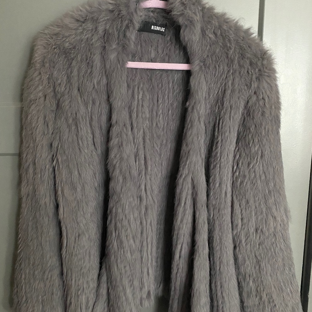 NICHOLAS rabbit fur coat in gray